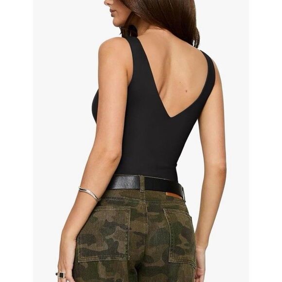 REORIA Sexy Plunge Bodysuit M Black Deep V Neck Sleeveless Backless Top Thong - Picture 2 of 10